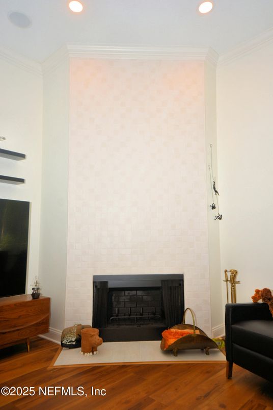 Fireplace, Interior, Recessed Lighting, Wood Texture Flooring