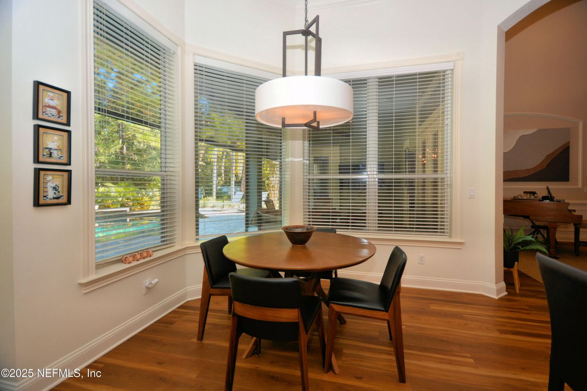Dining room, Interior, Pendant Lights, Wood Texture Flooring