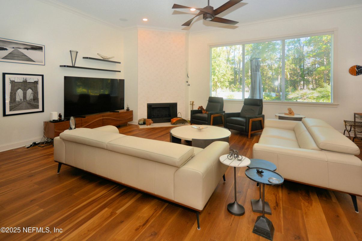 Fireplace, Interior, Living room, Recessed Lighting, Wood Texture Flooring