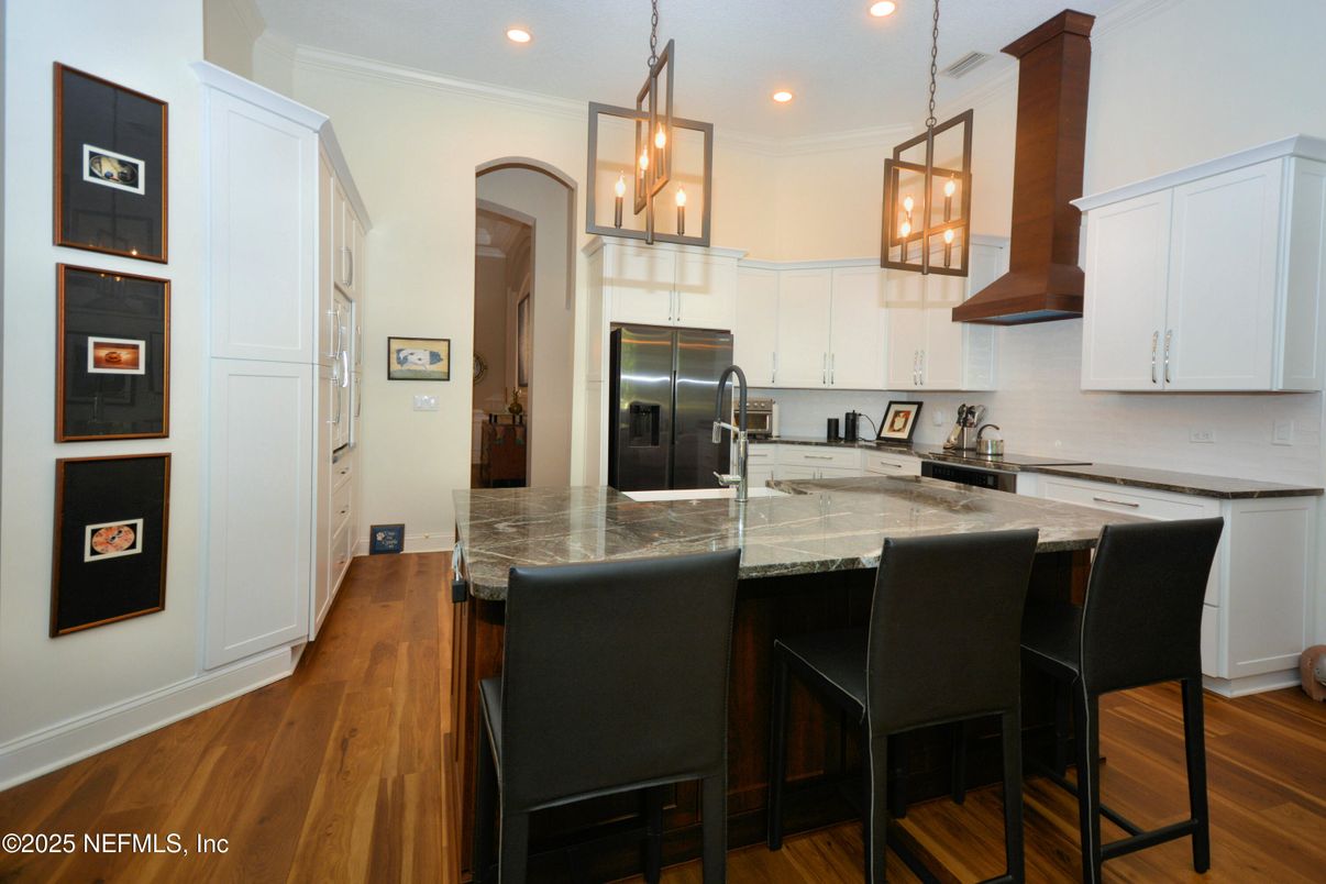 Interior, Kitchen, Pendant Lights, Recessed Lighting, Stainless Steel Appliances, Wood Texture Flooring