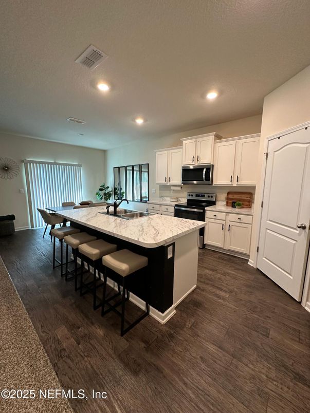 Dining room, Interior, Kitchen, Recessed Lighting, Wood Texture Flooring