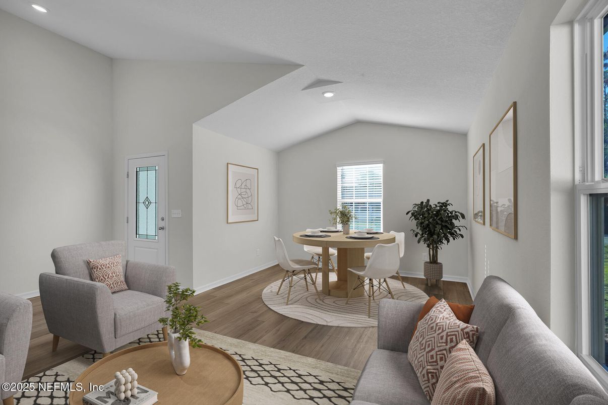 Dining room, Interior, Living room, Recessed Lighting, Wood Texture Flooring