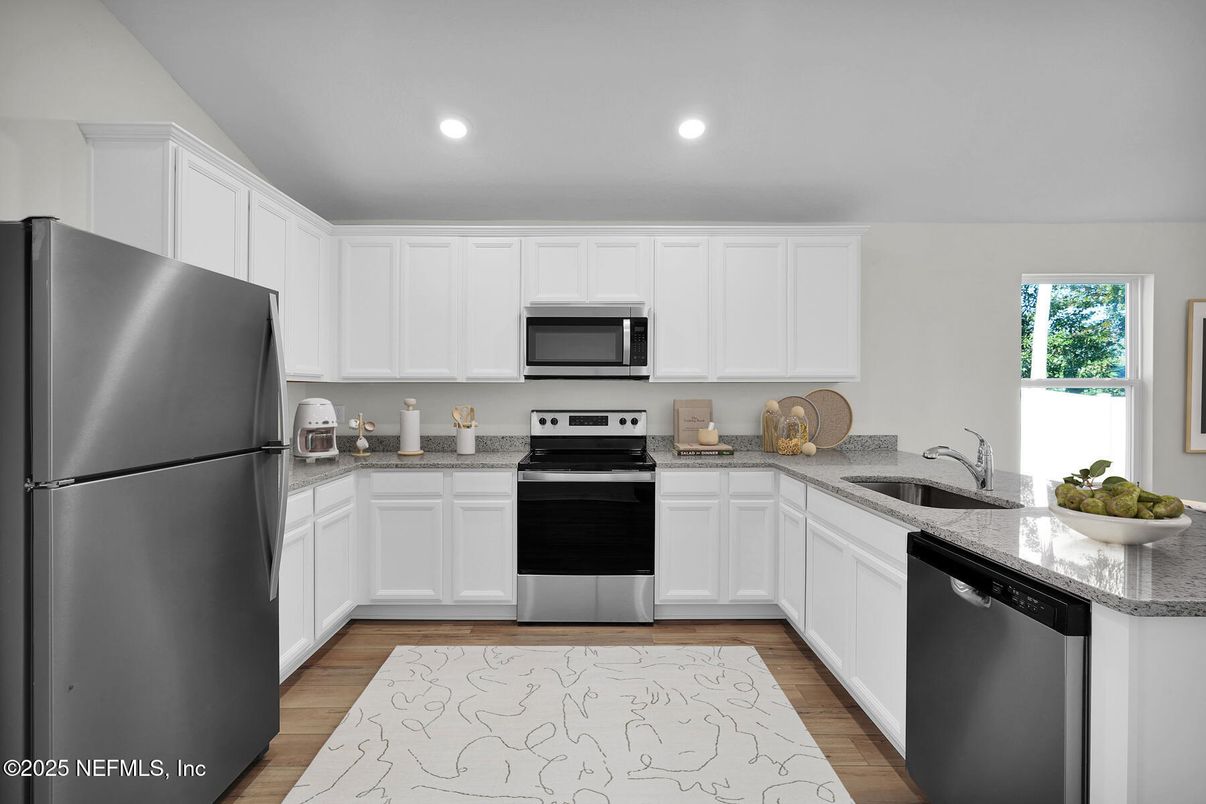 Interior, Kitchen, Recessed Lighting, Stainless Steel Appliances, Wood Texture Flooring
