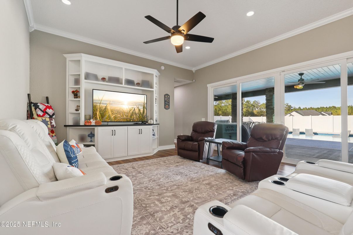 Home Theatre Room, Interior, Living room, Recessed Lighting, Wood Texture Flooring