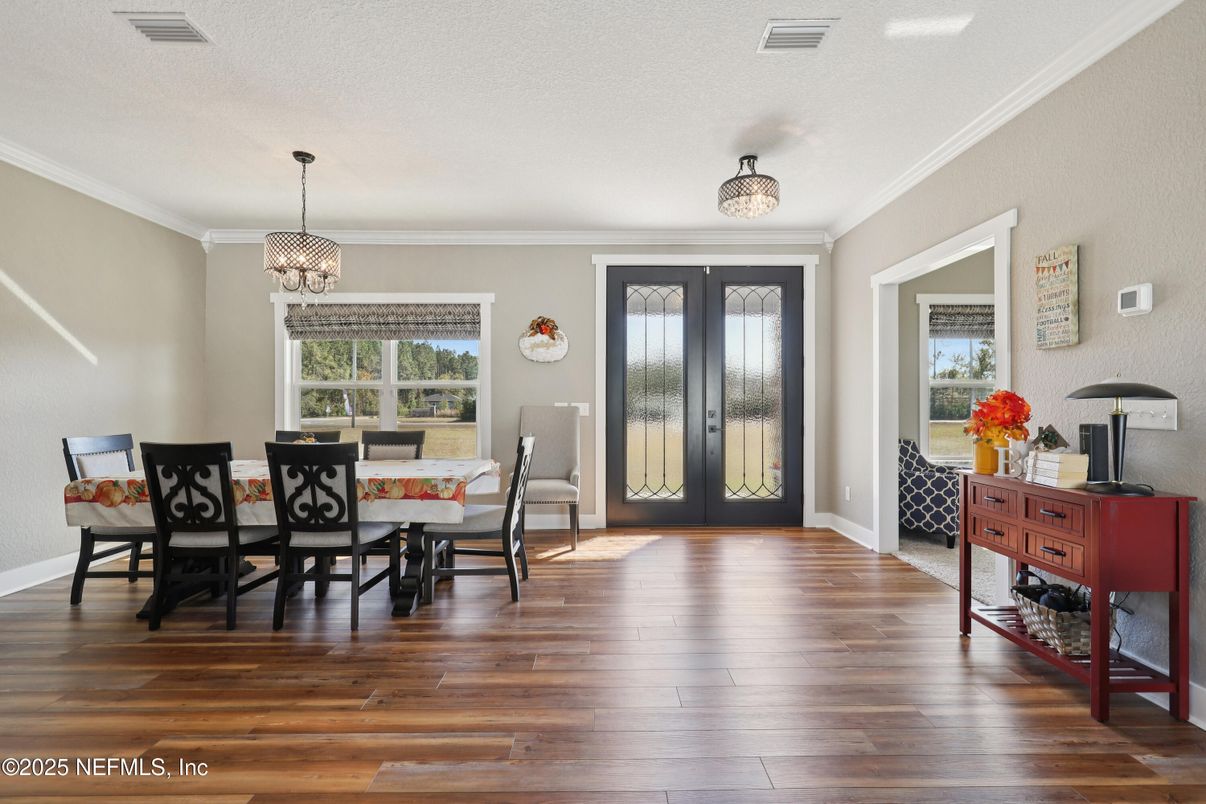 Chandelier, Dining room, Interior, Pendant Lights, Wood Texture Flooring
