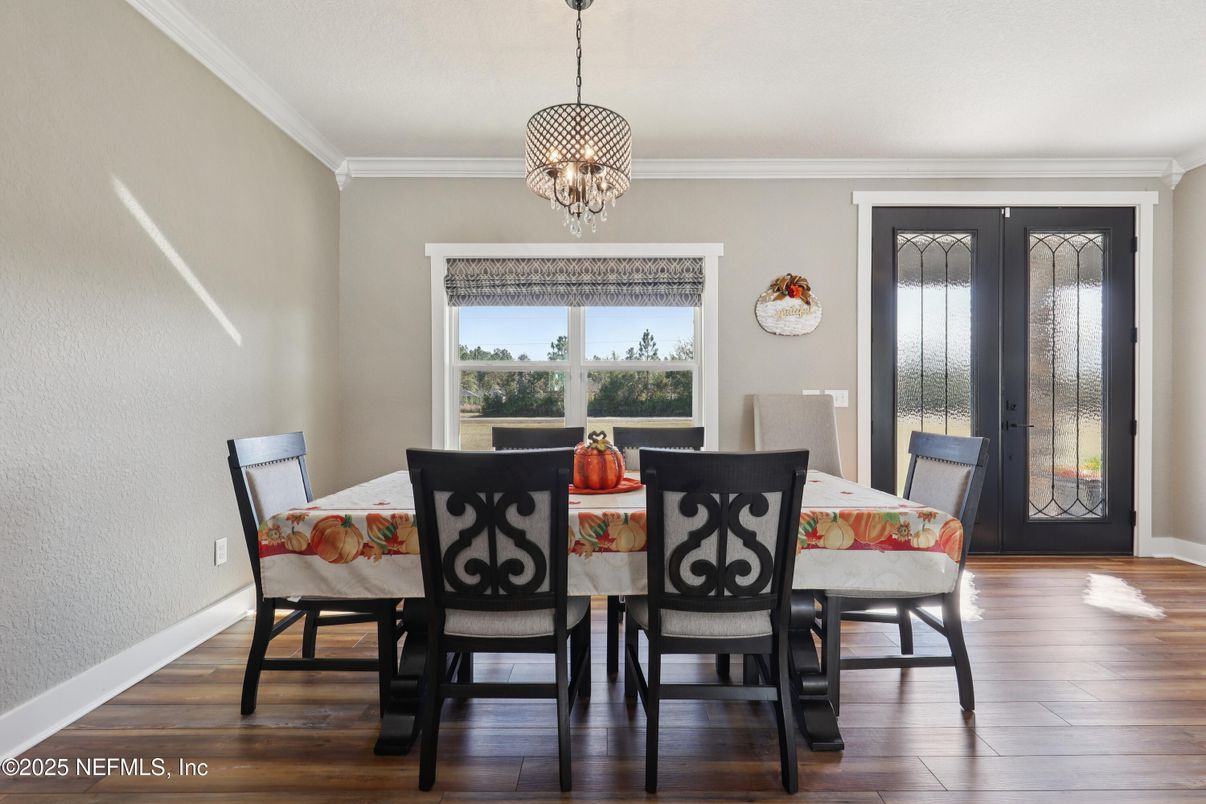 Chandelier, Dining room, Interior, Pendant Lights, Wood Texture Flooring