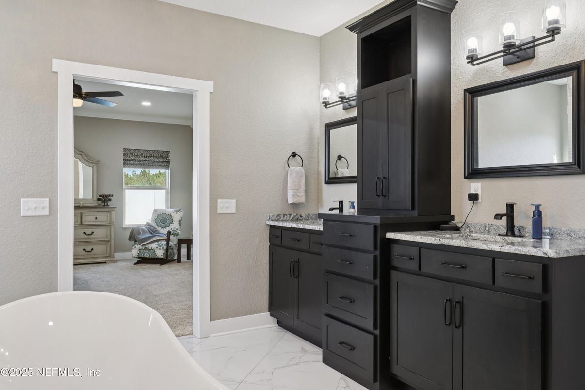 Bathroom, Dual Sink Vanities, Free Standing Baths, Interior, Marble, Recessed Lighting