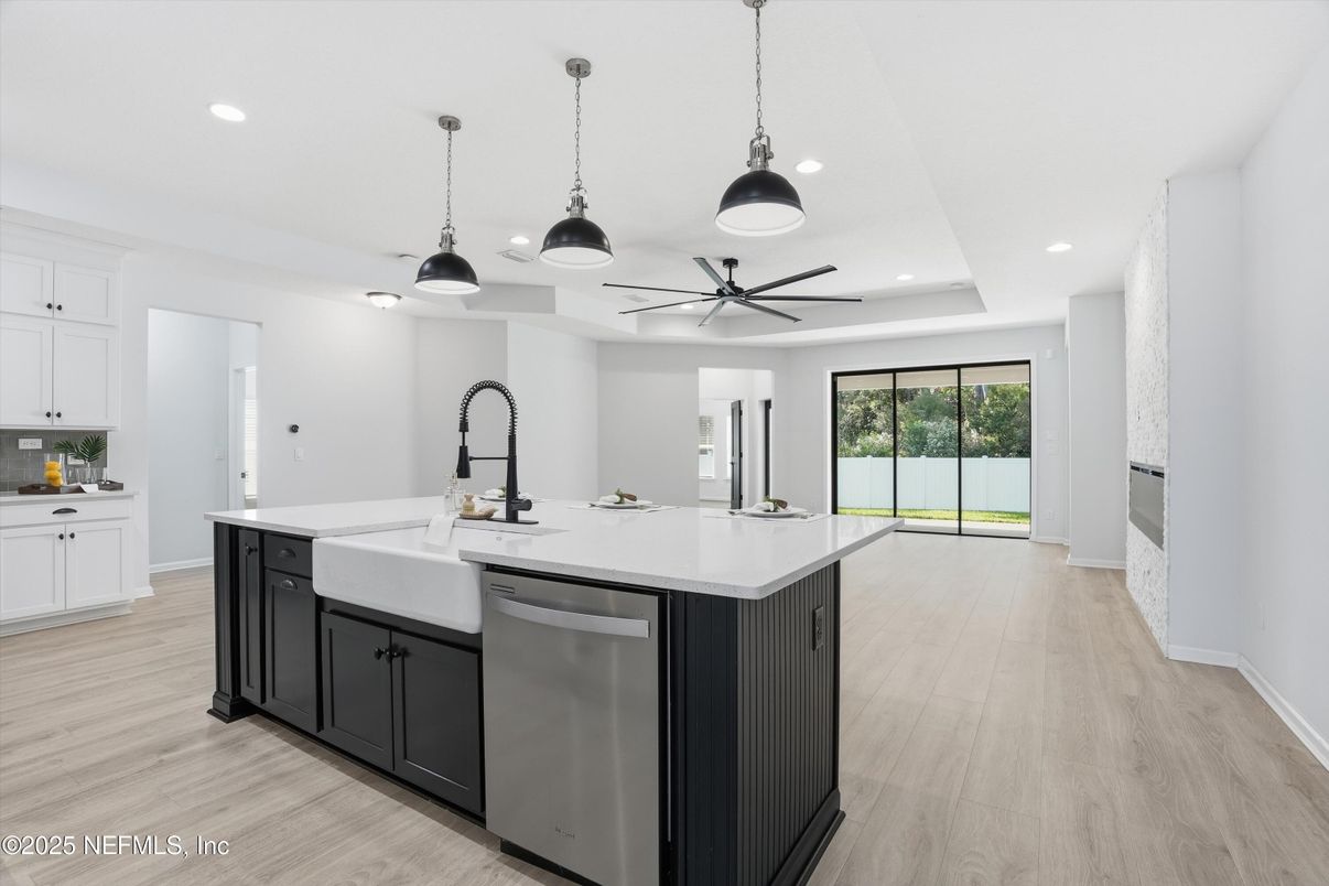 Interior, Kitchen, Pendant Lights, Recessed Lighting, Wood Texture Flooring