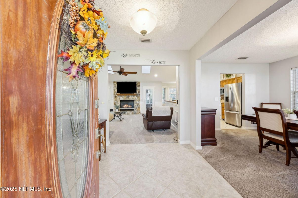 Dining room, Fireplace, Interior, Kitchen, Recessed Lighting, Stainless Steel Appliances