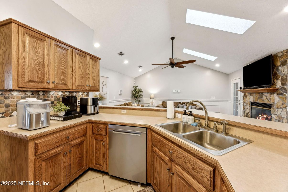 Fireplace, Interior, Kitchen, Recessed Lighting, Stone Walls