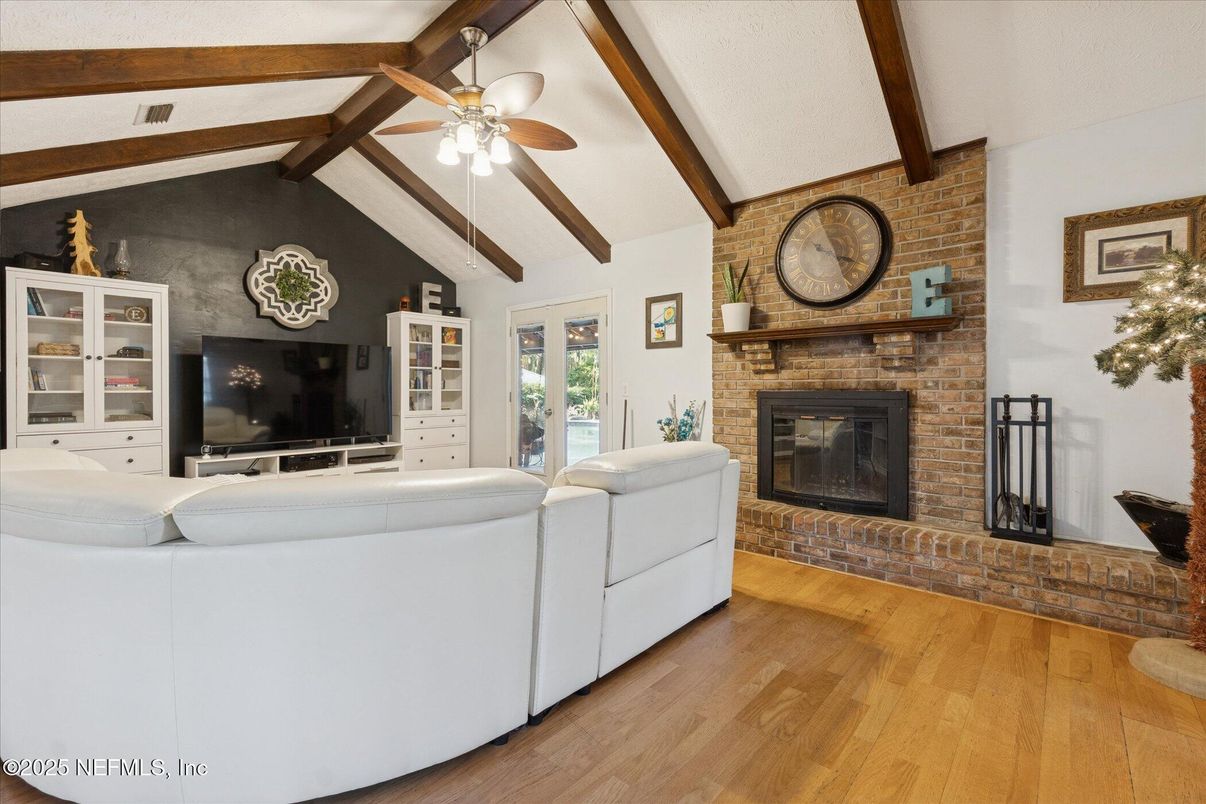 Fireplace, Interior, Living room, Stone Walls, Wooden Beams, Wood Texture Flooring