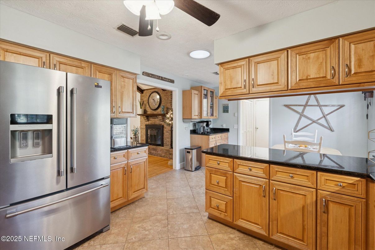 Fireplace, Interior, Kitchen, Recessed Lighting, Stainless Steel Appliances