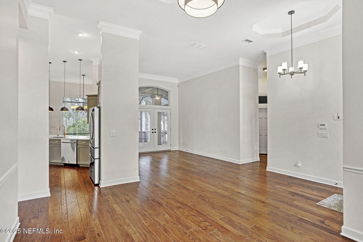 Chandelier, Empty room, Interior, Kitchen, Pendant Lights, Recessed Lighting, Wood Texture Flooring