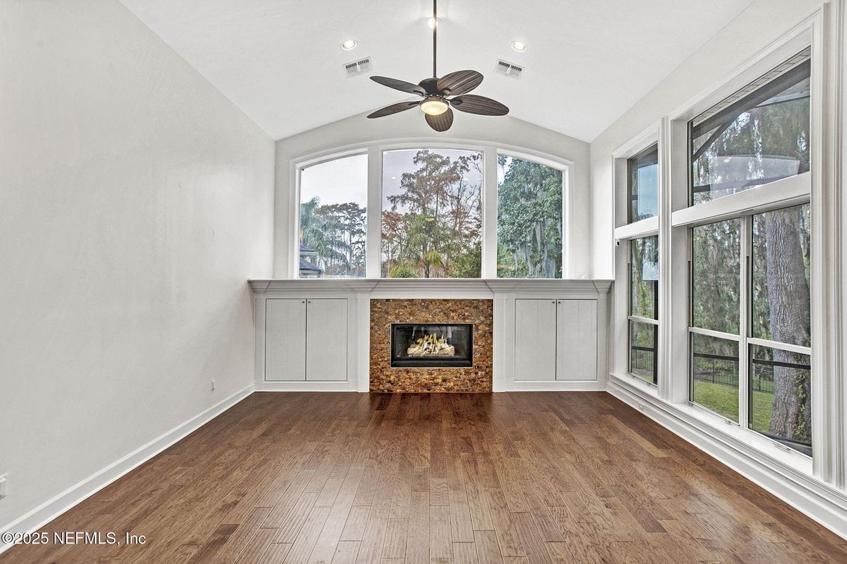 Empty room, Fireplace, Interior, Recessed Lighting, Wood Texture Flooring