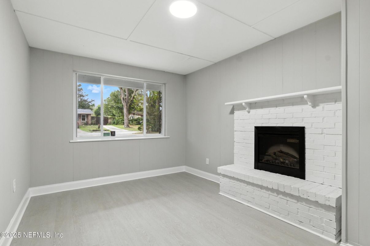 Empty room, Fireplace, Interior, Recessed Lighting, Wood Texture Flooring