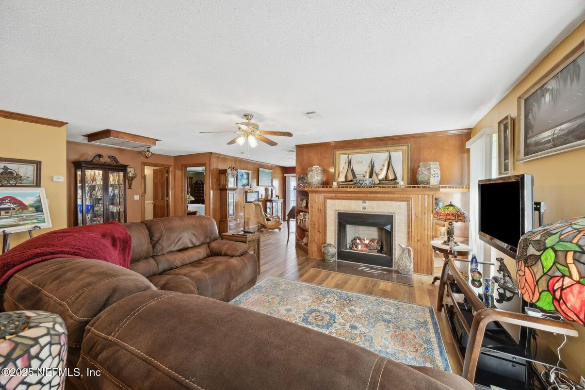 Fireplace, Interior, Living room, Wood Texture Flooring, Wooden Walls