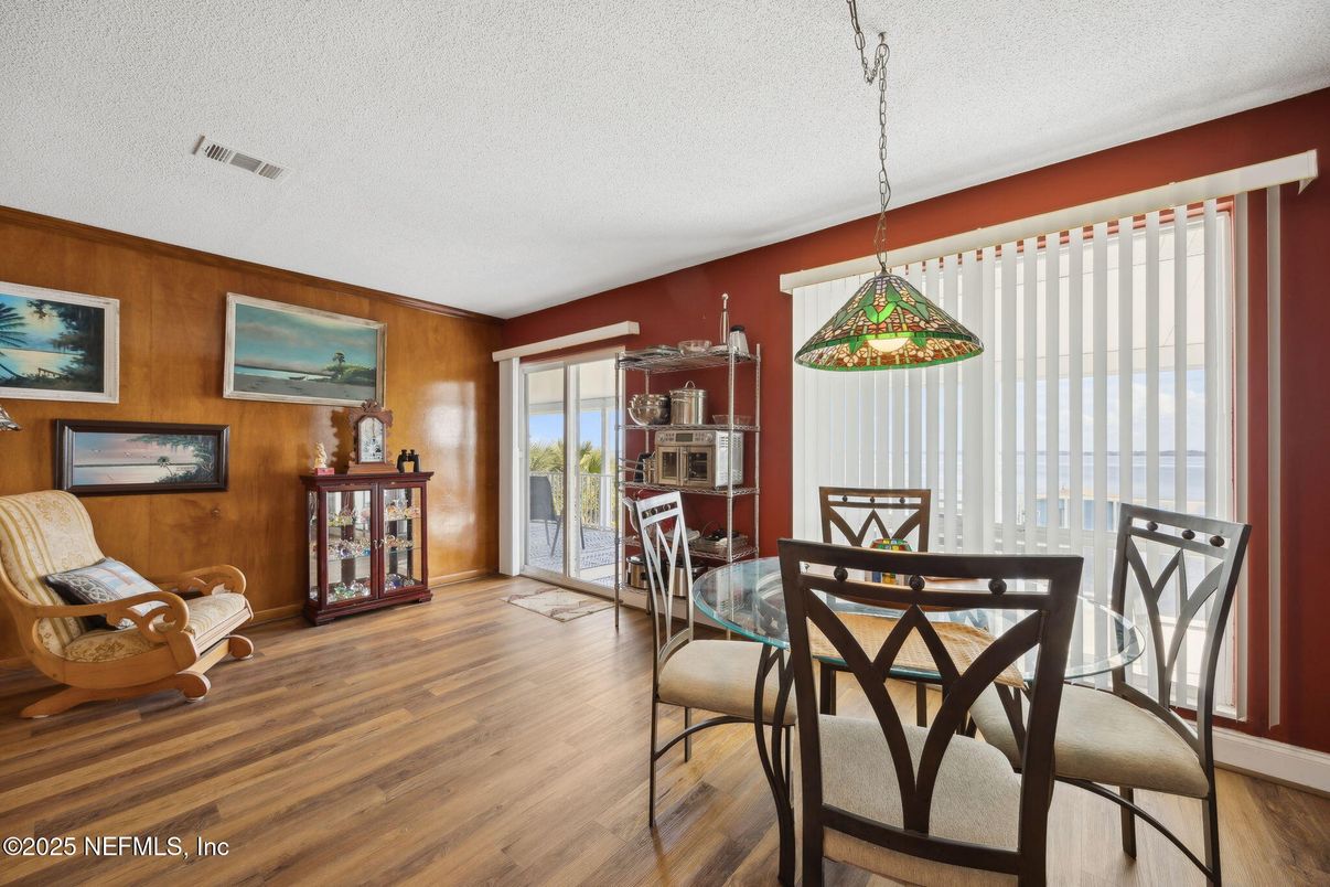 Dining room, Interior, Pendant Lights, Wood Texture Flooring, Wooden Walls