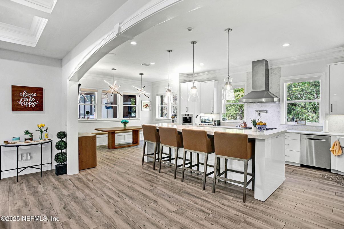 Interior, Kitchen, Pendant Lights, Recessed Lighting, Stainless Steel Appliances, Wood Texture Flooring