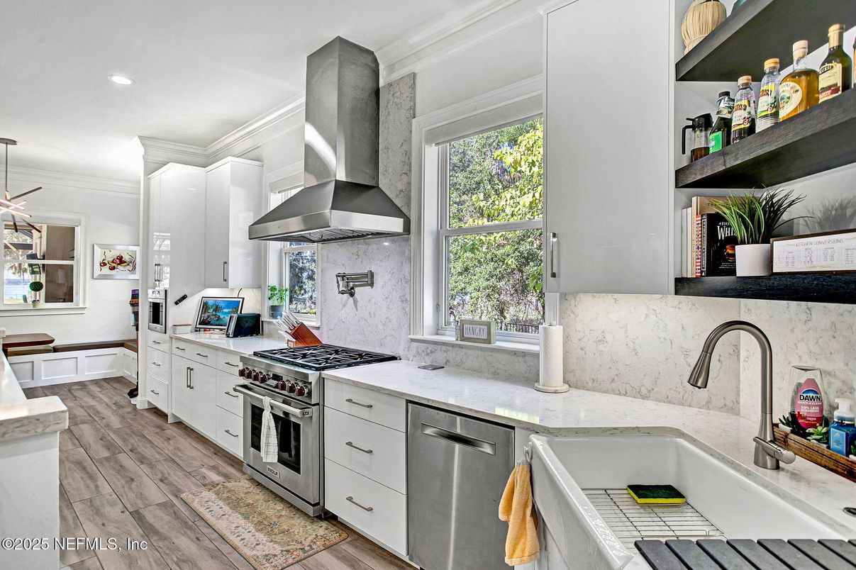 Interior, Kitchen, Pendant Lights, Recessed Lighting, Stainless Steel Appliances, Wood Texture Flooring