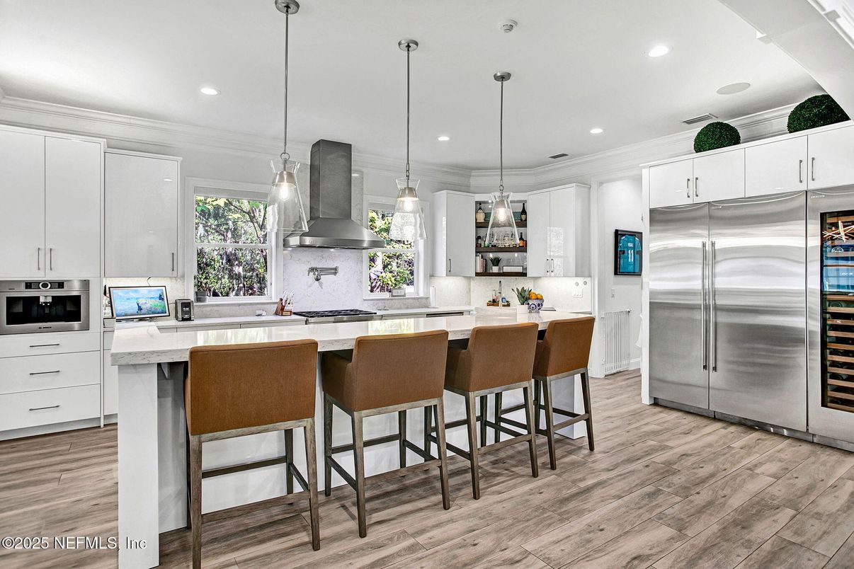 Interior, Kitchen, Pendant Lights, Recessed Lighting, Stainless Steel Appliances, Wood Texture Flooring