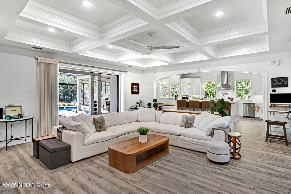 Interior, Kitchen, Living room, Pendant Lights, Recessed Lighting, Wood Texture Flooring