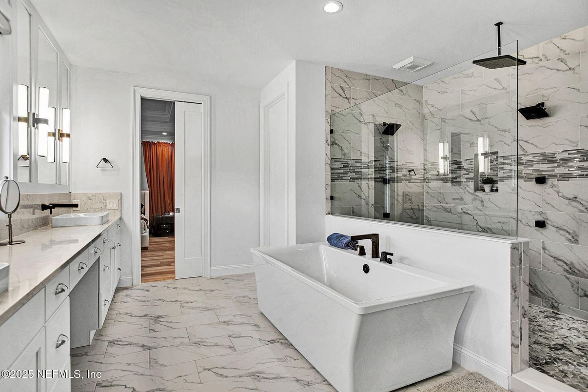 Bathroom, Dual Sink Vanities, Free Standing Baths, Glass Shower, Interior, Marble, Marble Walls, Recessed Lighting