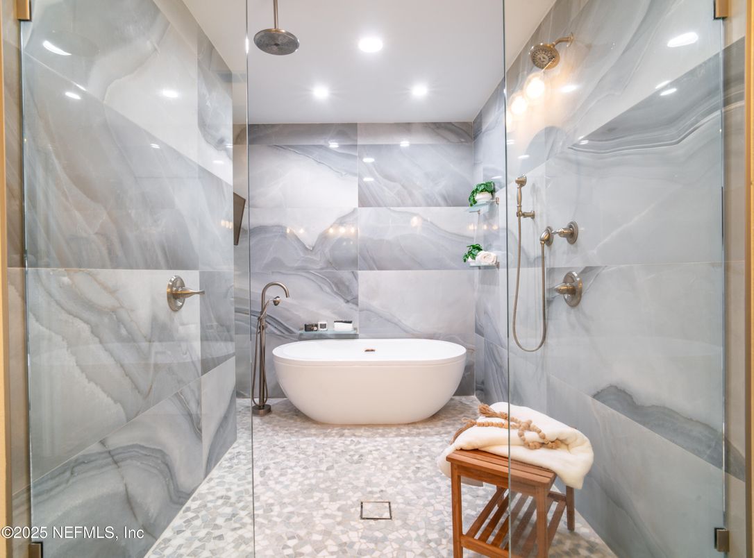 Bathroom, Free Standing Baths, Glass Shower, Interior, Marble Walls, Recessed Lighting