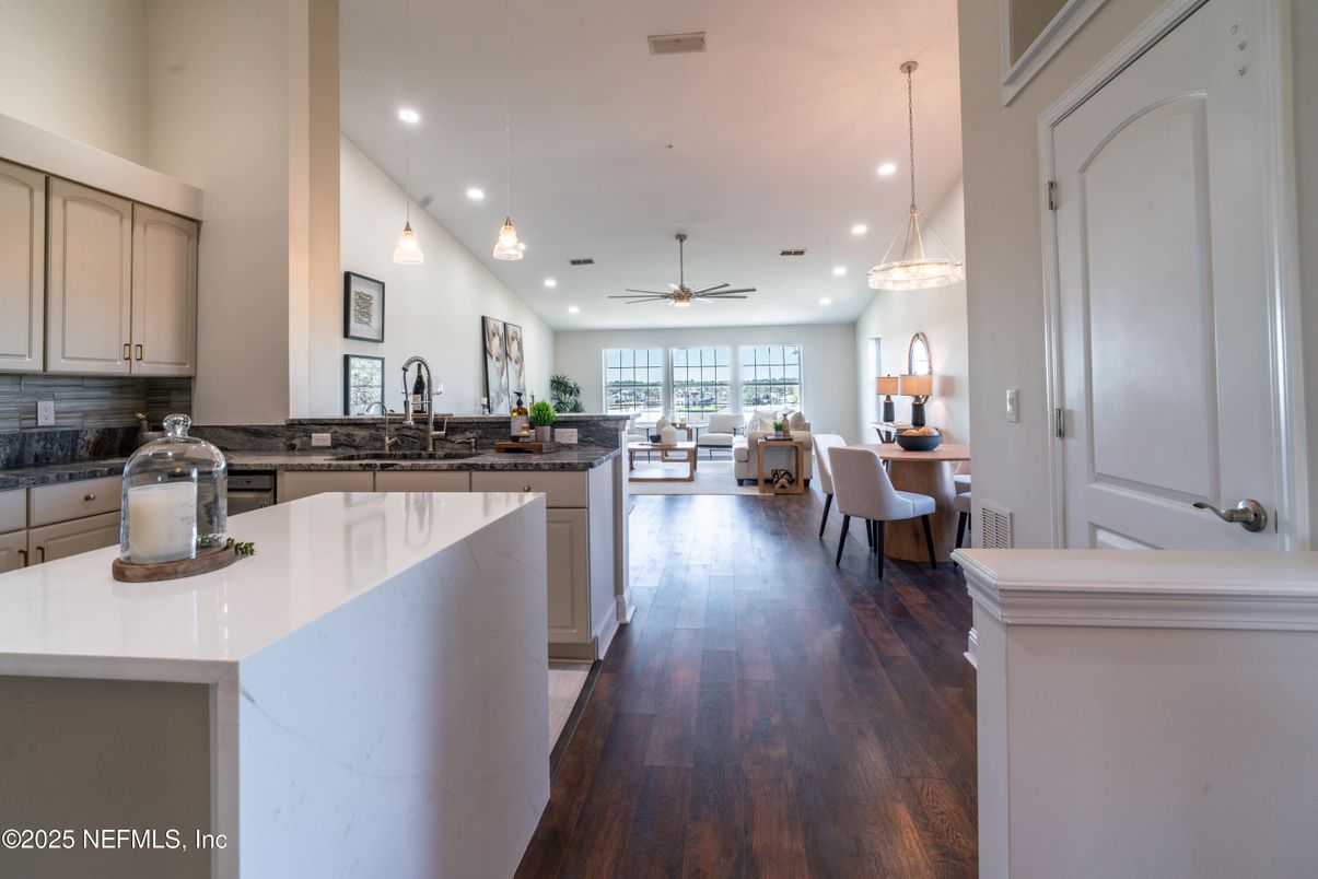 Dining room, Interior, Kitchen, Living room, Pendant Lights, Recessed Lighting, Wood Texture Flooring