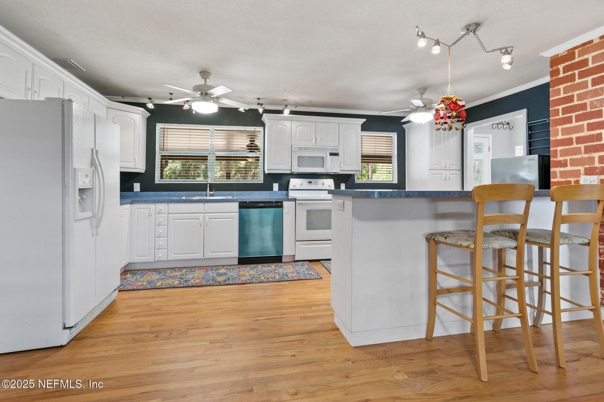 Interior, Kitchen, Stone Walls, Wood Texture Flooring