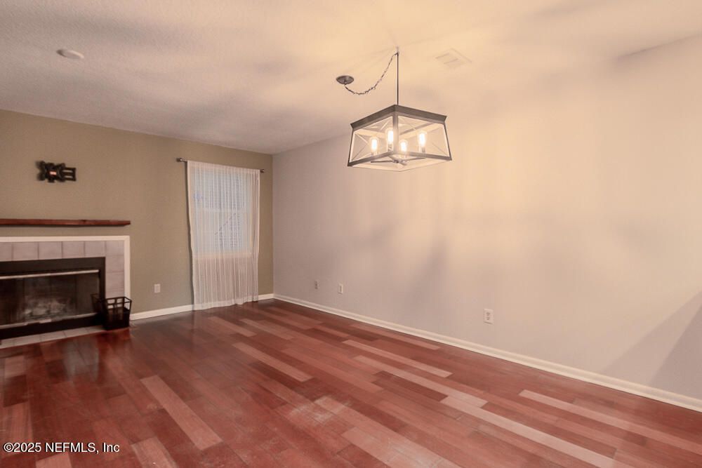 Empty room, Fireplace, Interior, Pendant Lights, Wood Texture Flooring