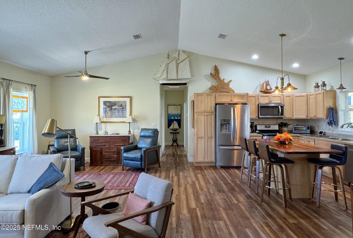 Interior, Kitchen, Pendant Lights, Recessed Lighting, Stainless Steel Appliances, Wood Texture Flooring