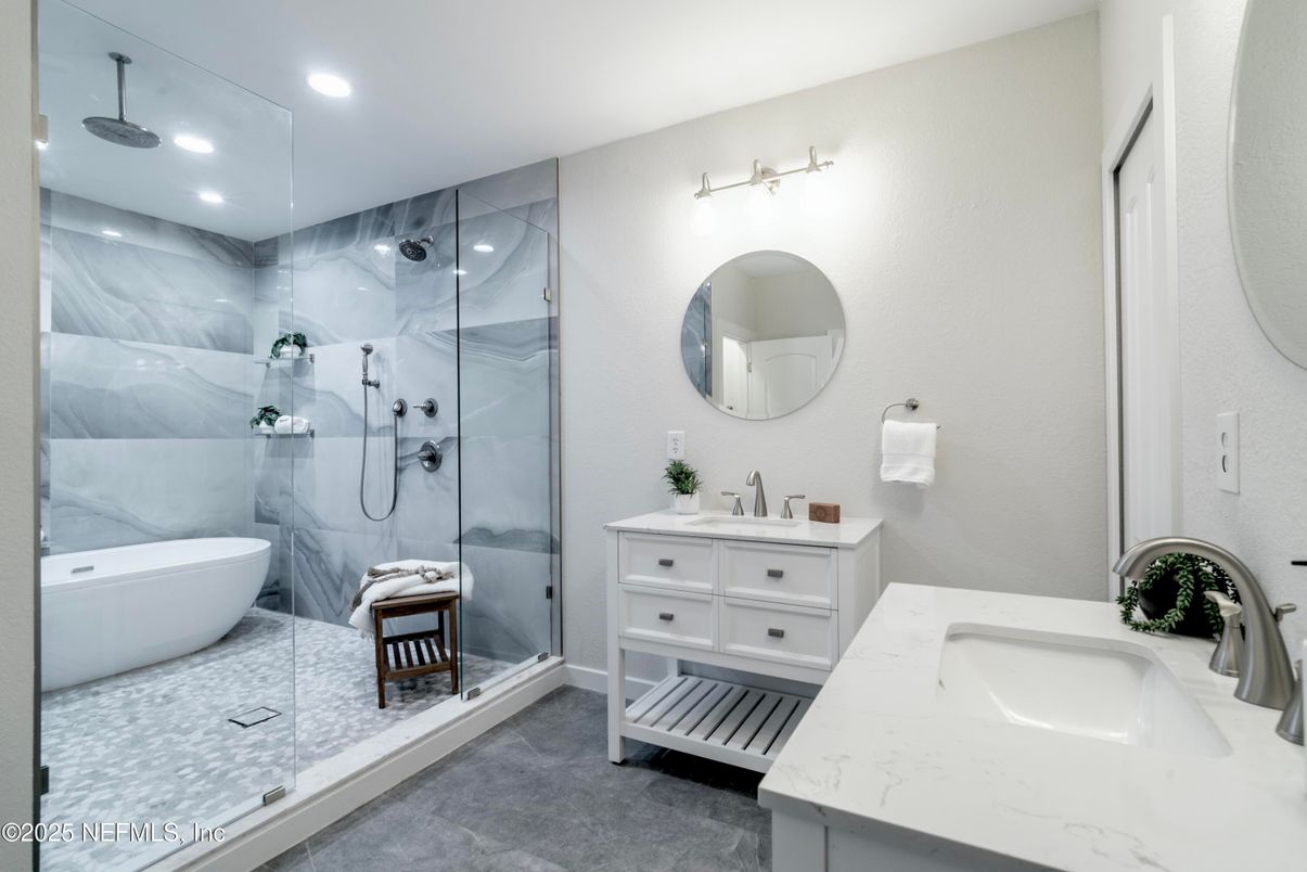 Bathroom, Dual Sink Vanities, Glass Shower, Interior, Marble Walls, Recessed Lighting