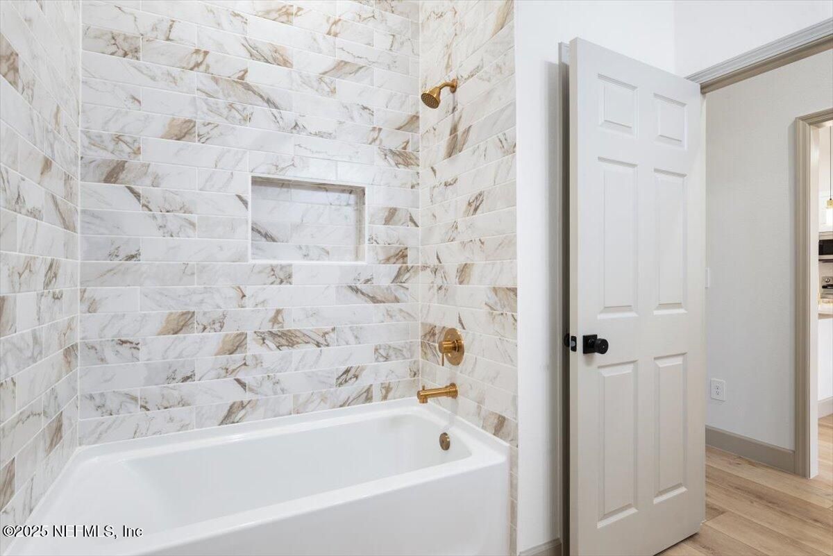 Bathroom, Interior, Marble Walls, Wood Texture Flooring