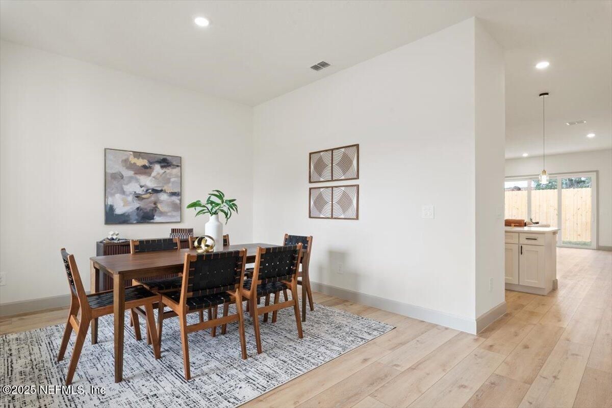 Dining room, Interior, Pendant Lights, Recessed Lighting, Wood Texture Flooring