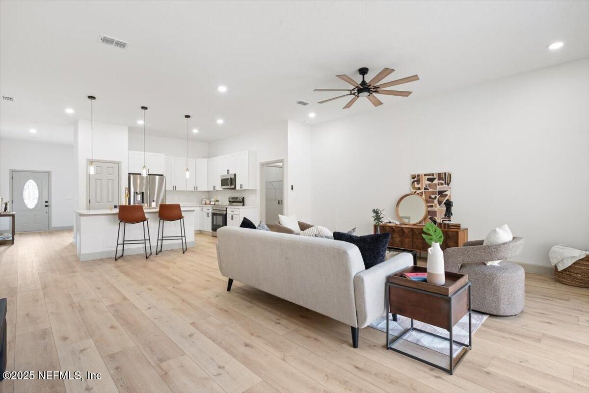 Interior, Kitchen, Living room, Pendant Lights, Recessed Lighting, Stainless Steel Appliances, Wood Texture Flooring