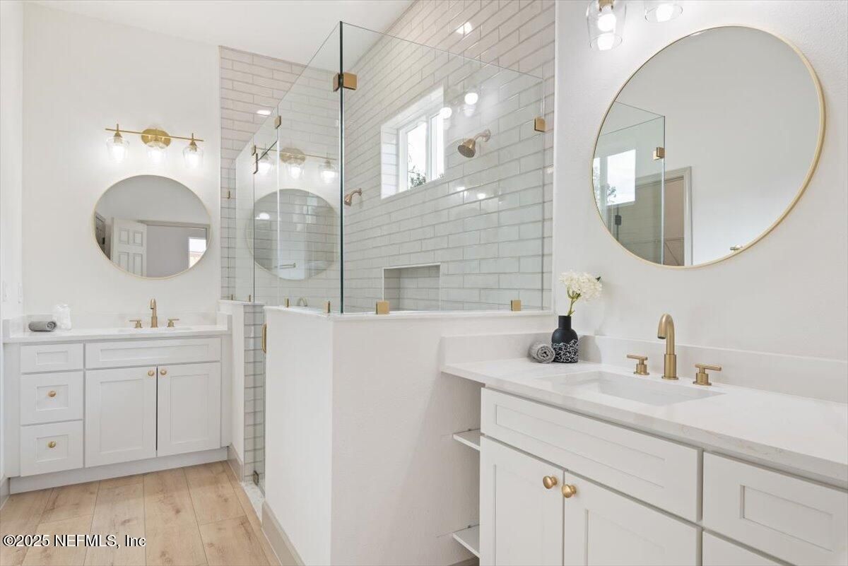 Bathroom, Dual Sink Vanities, Glass Shower, Interior, Wood Texture Flooring