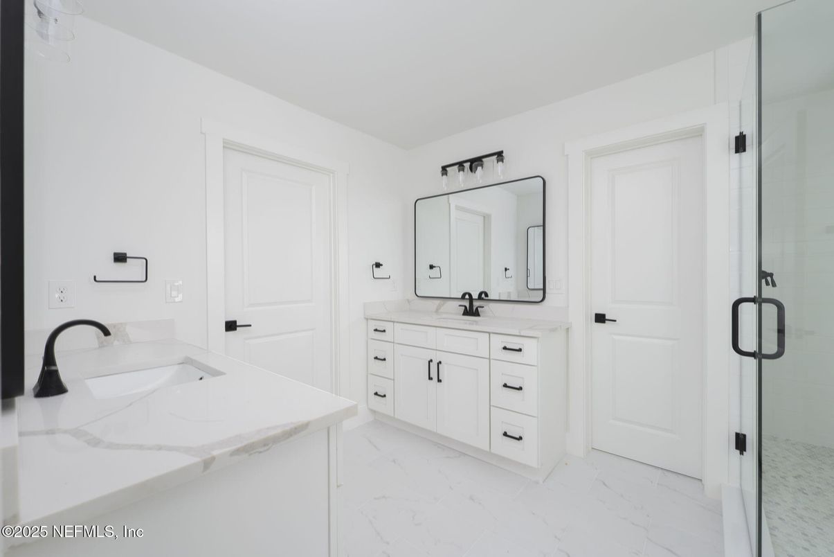 Bathroom, Dual Sink Vanities, Glass Shower, Interior, Marble