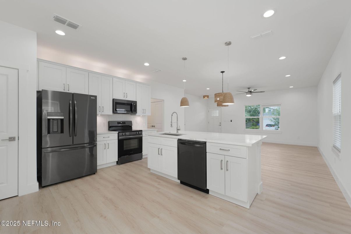 Interior, Kitchen, Pendant Lights, Recessed Lighting, Stainless Steel Appliances, Wood Texture Flooring