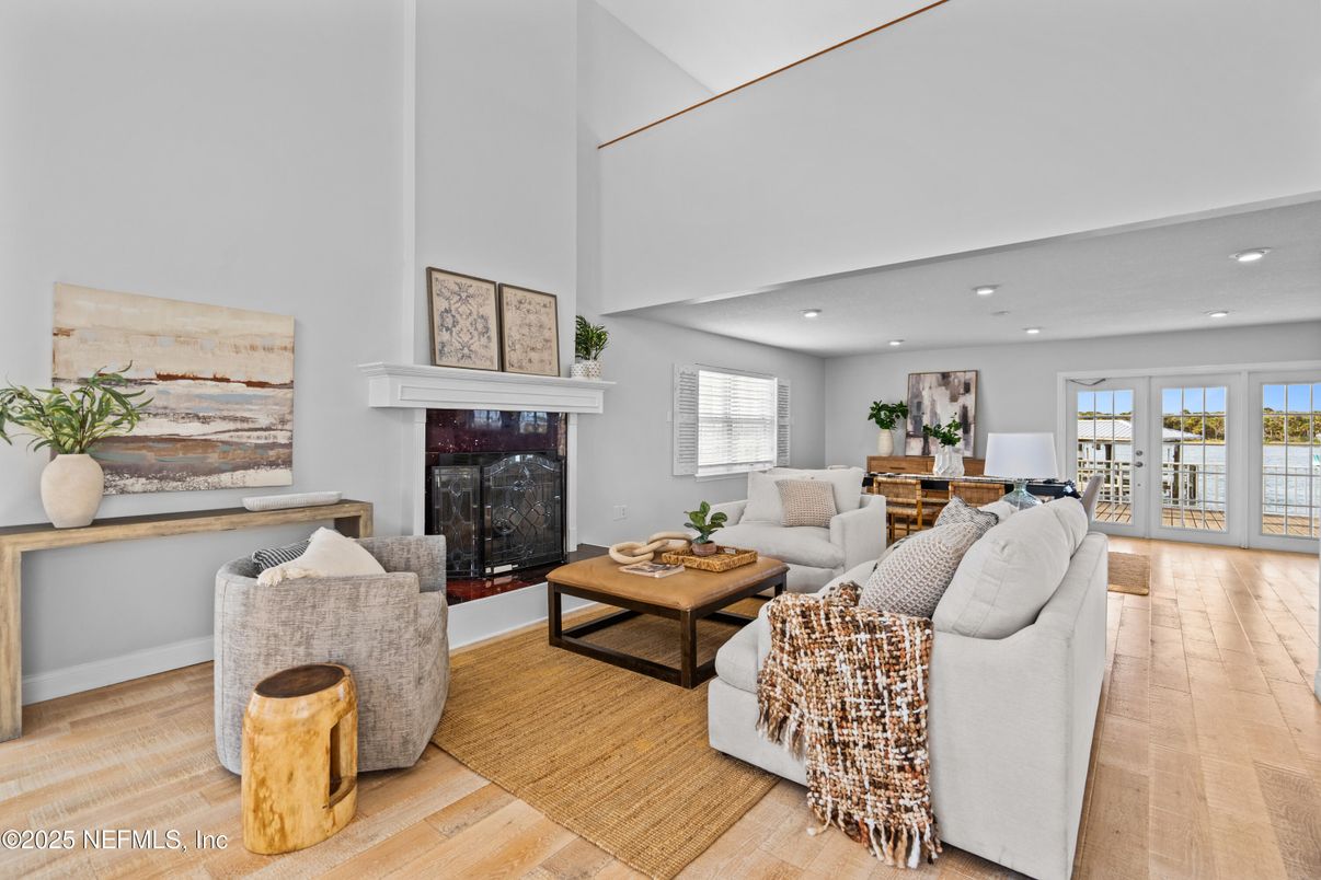 Fireplace, Interior, Living room, Recessed Lighting, Wood Texture Flooring