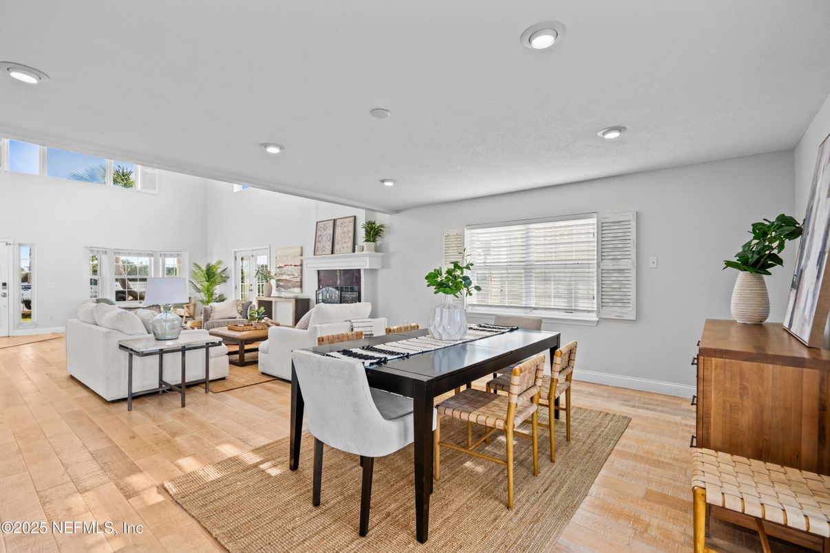Dining room, Fireplace, Interior, Living room, Recessed Lighting, Wood Texture Flooring