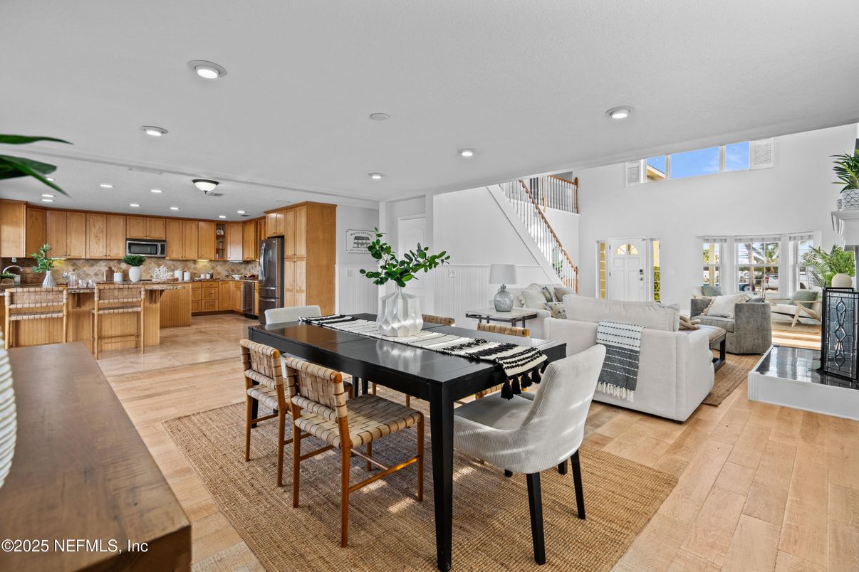 Dining room, Interior, Kitchen, Living room, Recessed Lighting, Stainless Steel Appliances, Wood Texture Flooring