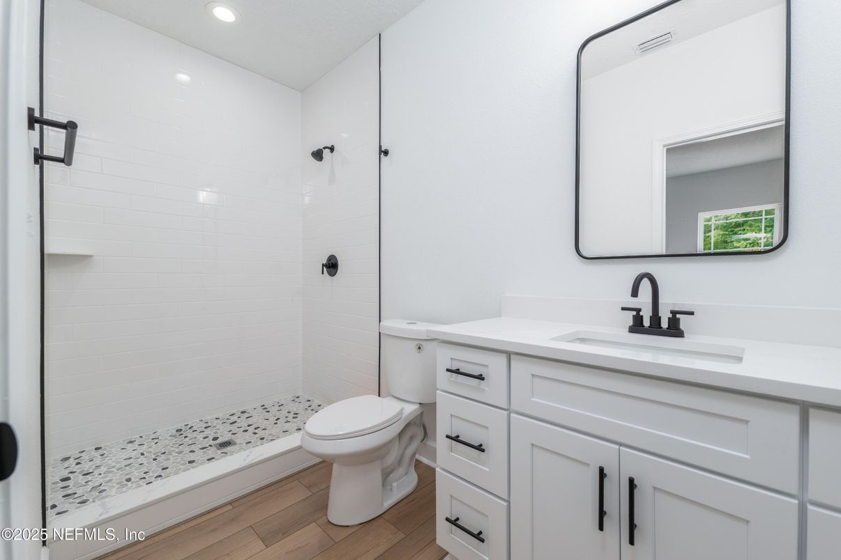 Bathroom, Interior, Recessed Lighting, Wood Texture Flooring