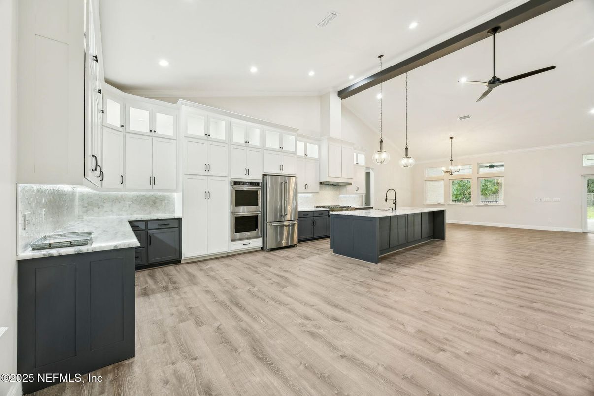 Interior, Kitchen, Pendant Lights, Recessed Lighting, Stainless Steel Appliances, Wood Texture Flooring
