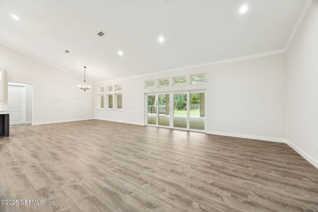 Chandelier, Empty room, Interior, Recessed Lighting, Wood Texture Flooring
