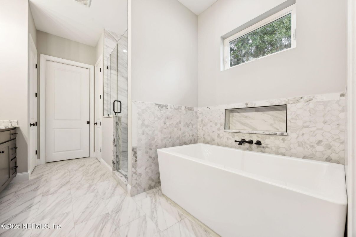 Bathroom, Free Standing Baths, Glass Shower, Interior, Marble, Marble Walls, Recessed Lighting