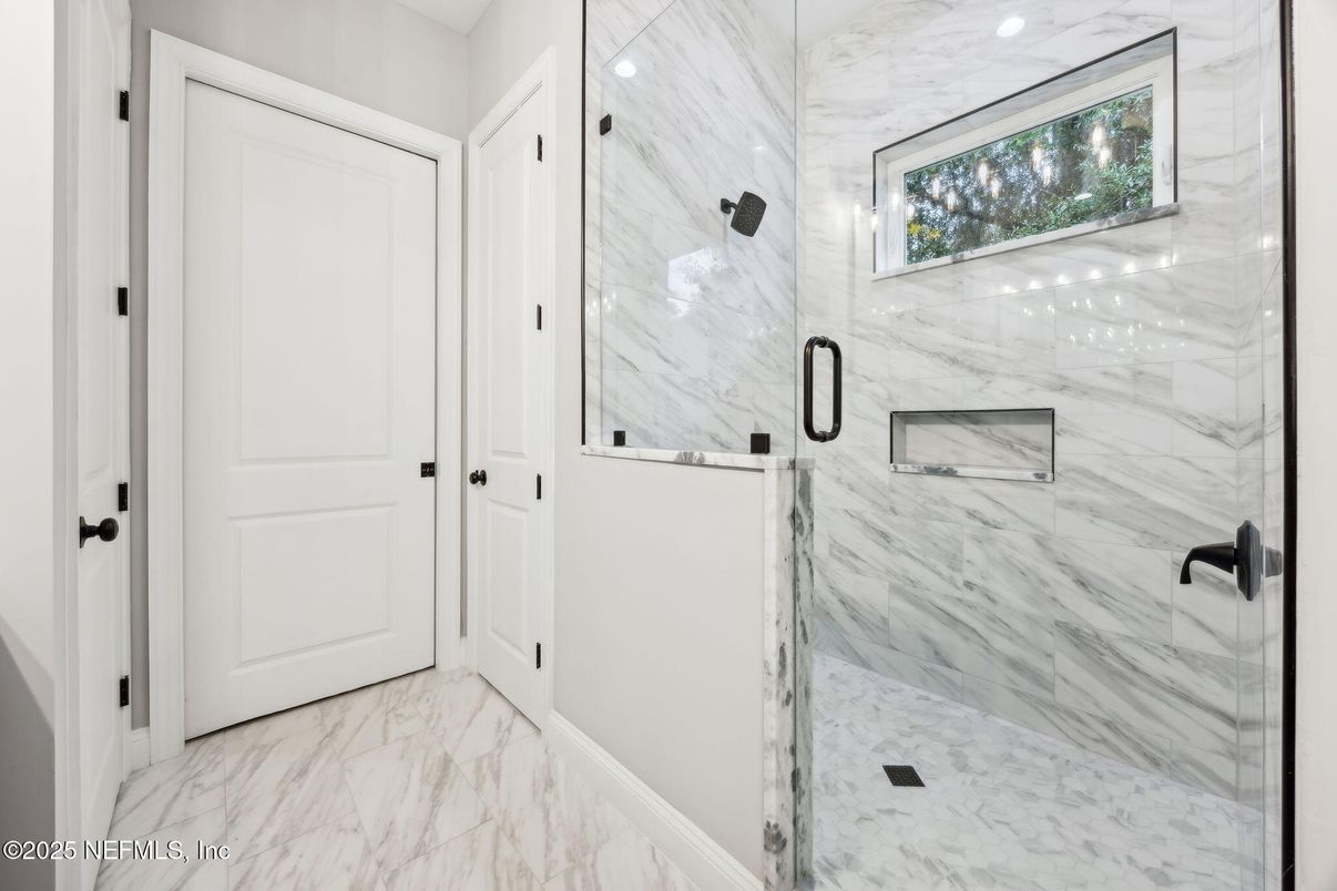 Bathroom, Glass Shower, Interior, Marble, Marble Walls, Recessed Lighting