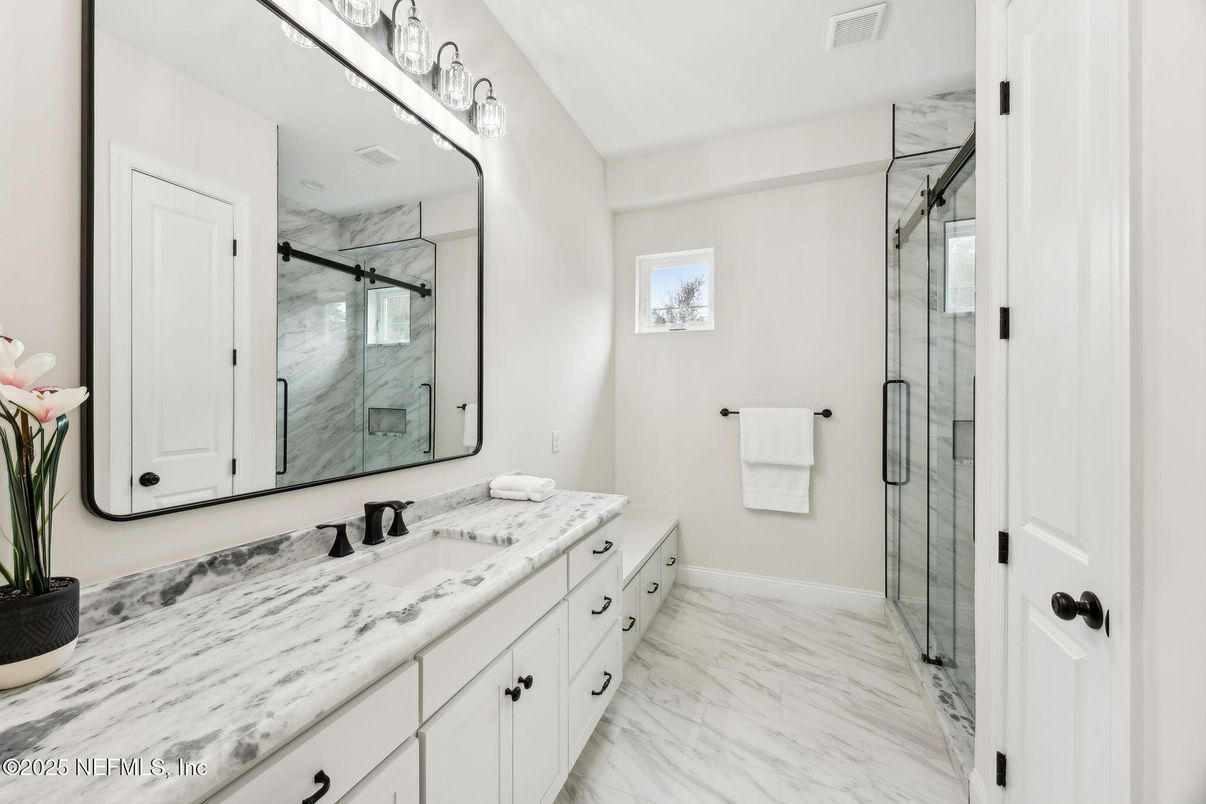 Bathroom, Dual Sink Vanities, Glass Shower, Interior, Marble, Marble Walls