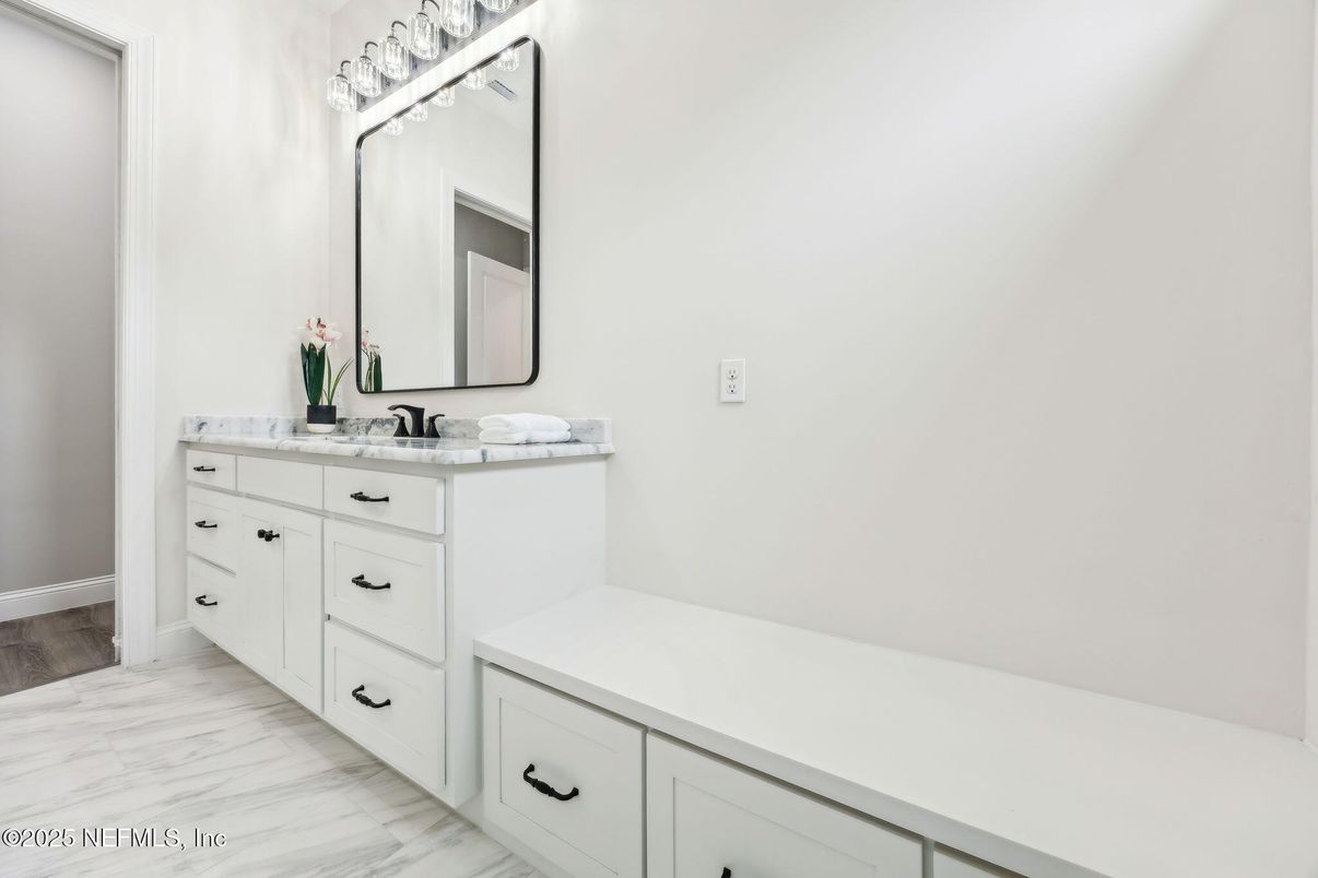 Bathroom, Dual Sink Vanities, Interior, Marble, Wood Texture Flooring