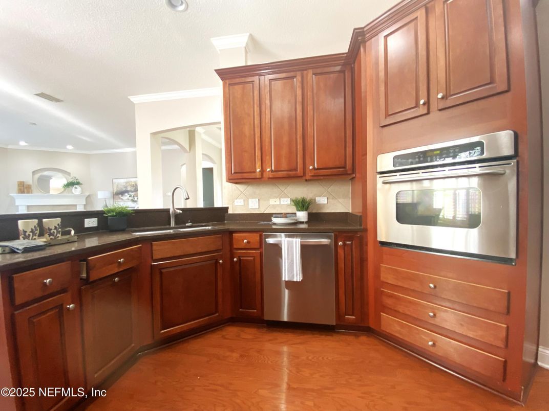 Interior, Kitchen, Recessed Lighting, Stainless Steel Appliances, Wood Texture Flooring