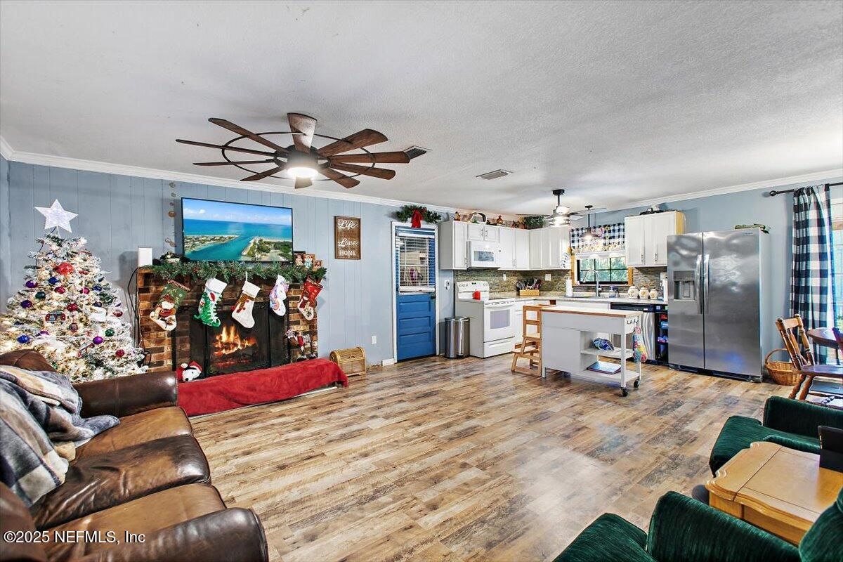 Fireplace, Interior, Kitchen, Living room, Pendant Lights, Wood Texture Flooring